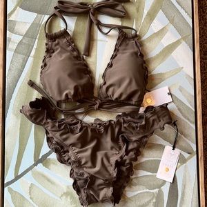 NWT Brown ruffle halter frill triangle bikini set